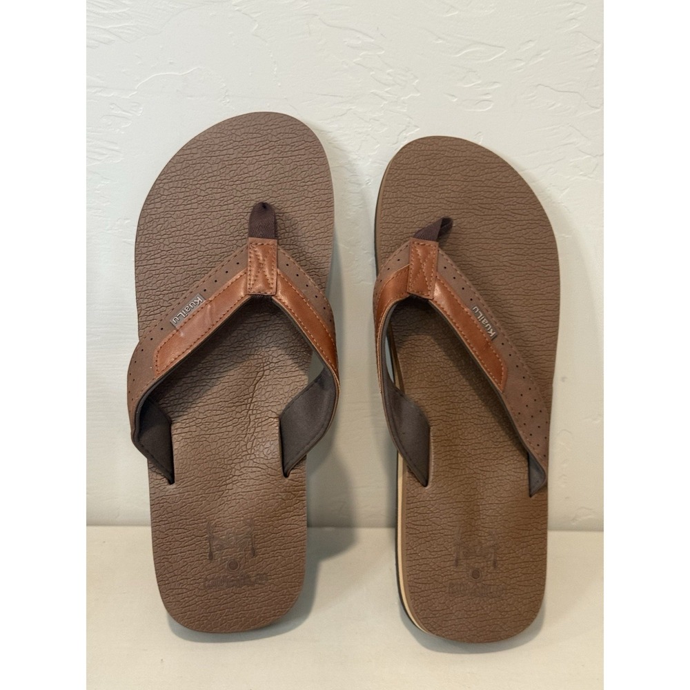 Kuailu Sandals Mens 12 Brown Flip Flop Logo Slide Summer Beach Comfort NWOT